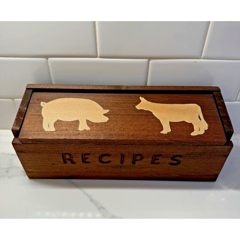 Vintage Wooden Recipe Box with Painted Cow Pig Farmhouse Kitchen‎ Decor 12"